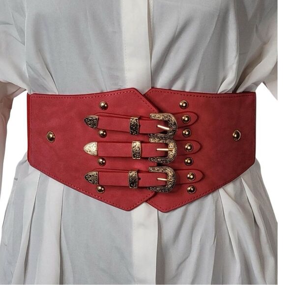 Red Wide Elastic Corset Belt Triple Buckle Detail Western Gold Accents Cincher - Picture 5 of 6